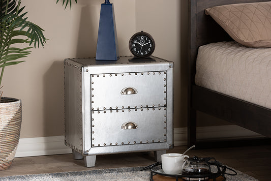 Baxton Studio Davet French Industrial Silver Metal 2-Drawer Nightstand | Modishstore | Nightstands