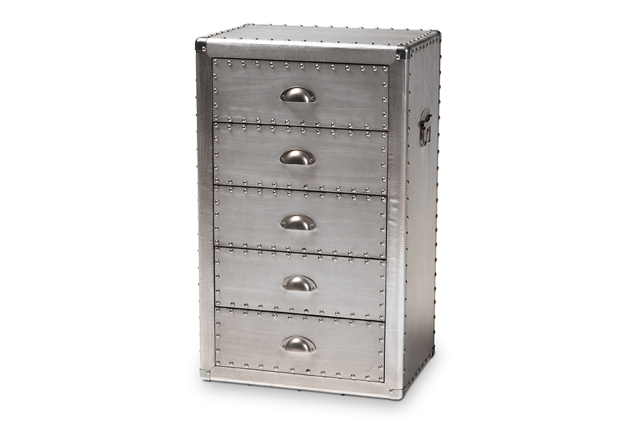 baxton studio davet french industrial silver metal 5 drawer accent storage cabinet | Modish Furniture Store-2