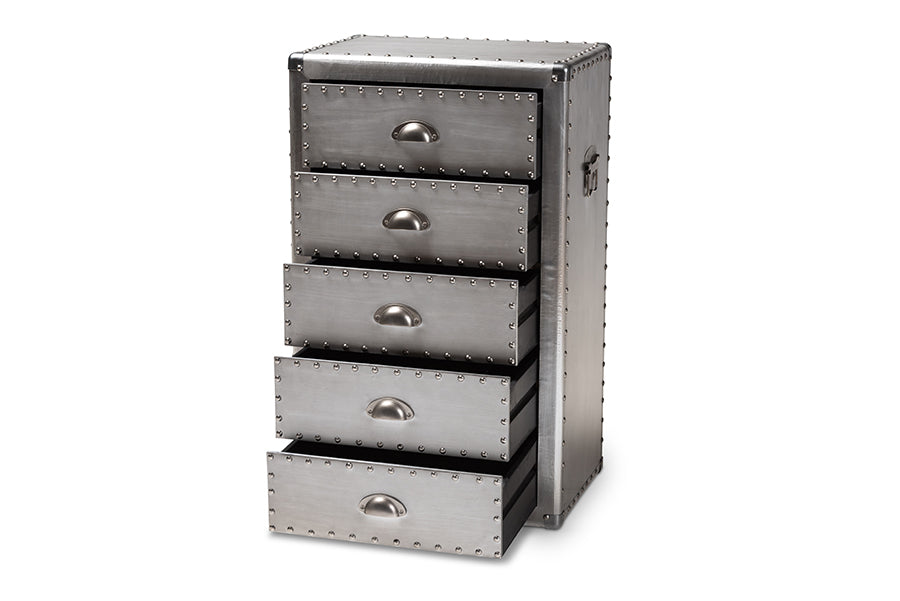 baxton studio davet french industrial silver metal 5 drawer accent storage cabinet | Modish Furniture Store-3