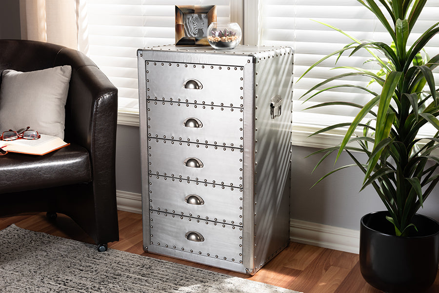 Baxton Studio Davet French Industrial Silver Metal 5-Drawer Accent Storage Cabinet | Modishstore | Cabinets