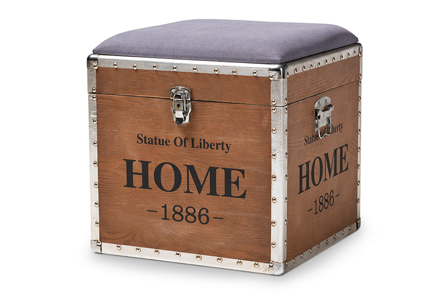 baxton studio violetta vintage industrial light gray fabric upholstered wood storage trunk ottoman | Modish Furniture Store-2