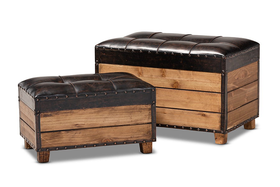 baxton studio marelli rustic dark brown faux leather upholstered 2 piece wood storage trunk ottoman set | Modish Furniture Store-2