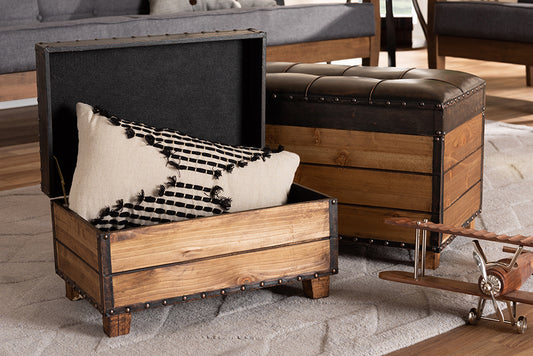 Baxton Studio Marelli Rustic Dark Brown Faux Leather Upholstered 2-Piece Wood Storage Trunk Ottoman Set | Modishstore | Ottomans