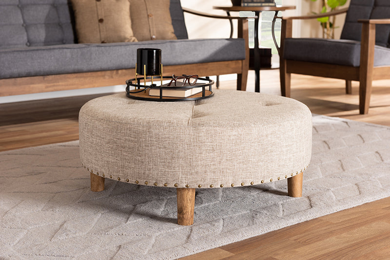Baxton Studio Vinet Modern and Contemporary Beige Fabric Upholstered Natural Wood Cocktail Ottoman | Modishstore | Ottomans
