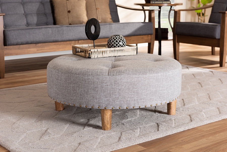 Baxton Studio Vinet Modern and Contemporary Light Gray Fabric Upholstered Natural Wood Cocktail Ottoman | Modishstore | Ottomans