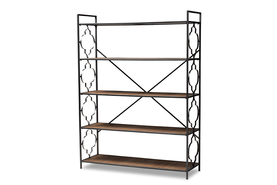 baxton studio mirna industrial black iron metal and natural oak wood 5 shelf quatrefoil accent bookcase | Modish Furniture Store-2