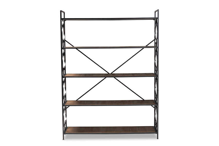 baxton studio mirna industrial black iron metal and natural oak wood 5 shelf quatrefoil accent bookcase | Modish Furniture Store-3