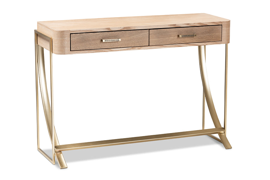 baxton studio lafoy modern and contemporary natural brown finished wood and gold finished 2 drawer console table | Modish Furniture Store-2
