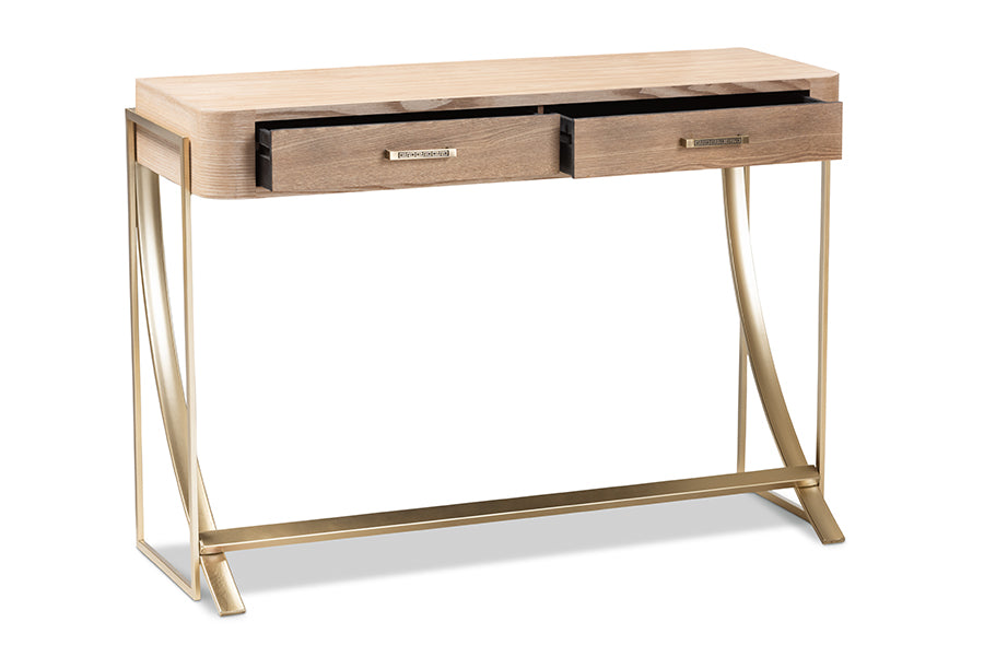baxton studio lafoy modern and contemporary natural brown finished wood and gold finished 2 drawer console table | Modish Furniture Store-3