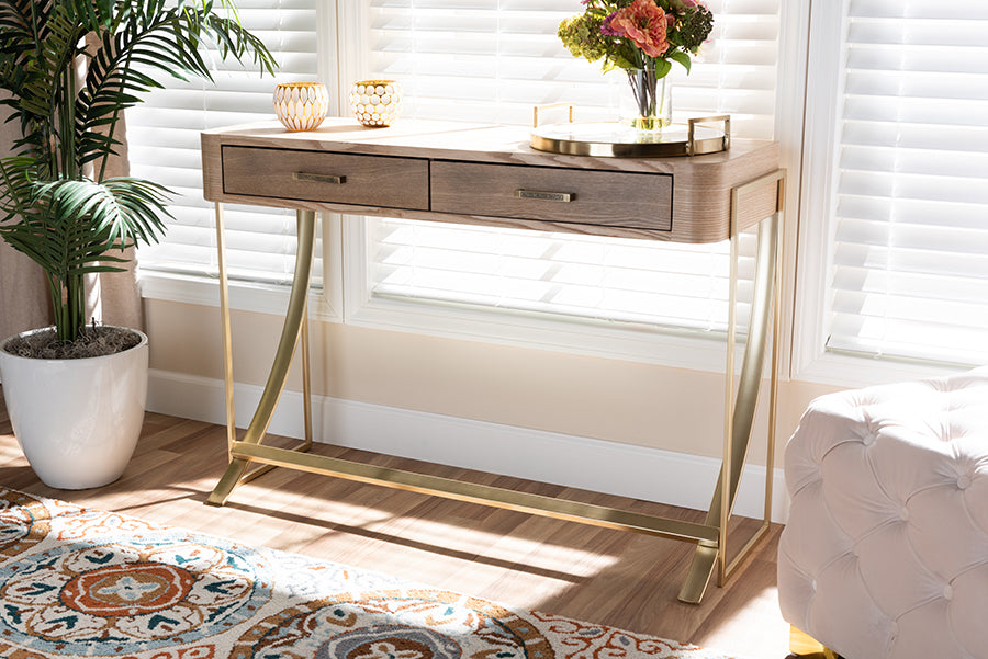 Baxton Studio Lafoy Modern and Contemporary Natural Brown Finished Wood and Gold Finished 2-Drawer Console Table | Modishstore | Console Tables