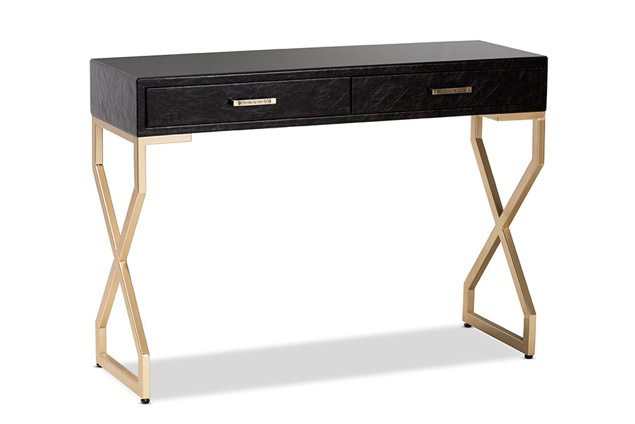 baxton studio carville modern and contemporary dark brown faux leather upholstered gold finished 2 drawer console table | Modish Furniture Store-2