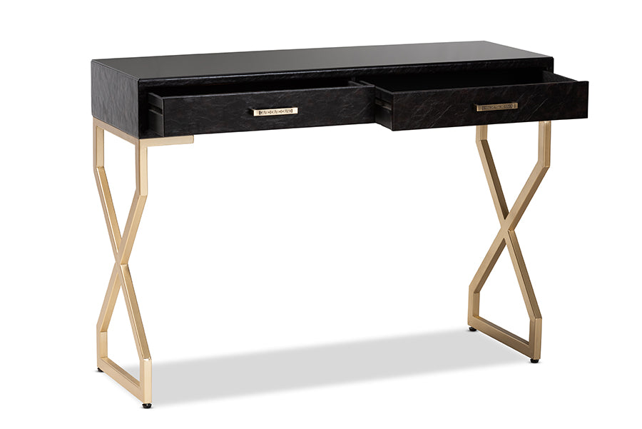 baxton studio carville modern and contemporary dark brown faux leather upholstered gold finished 2 drawer console table | Modish Furniture Store-3