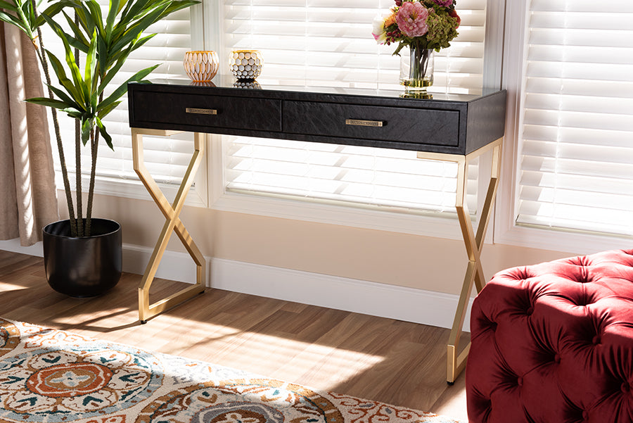 Baxton Studio Carville Modern and Contemporary Dark Brown Faux Leather Upholstered Gold Finished 2-Drawer Console Table | Modishstore | Console Tables