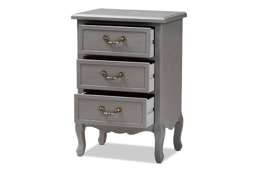 baxton studio capucine antique french country cottage grey finished wood 3 drawer nightstand | Modish Furniture Store-3
