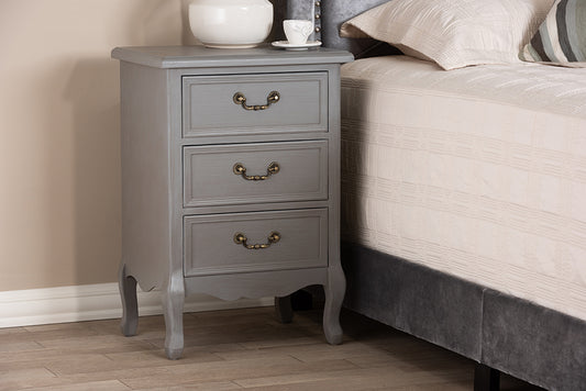 Baxton Studio Capucine Antique French Country Cottage Grey Finished Wood 3-Drawer Nightstand | Modishstore | Nightstands