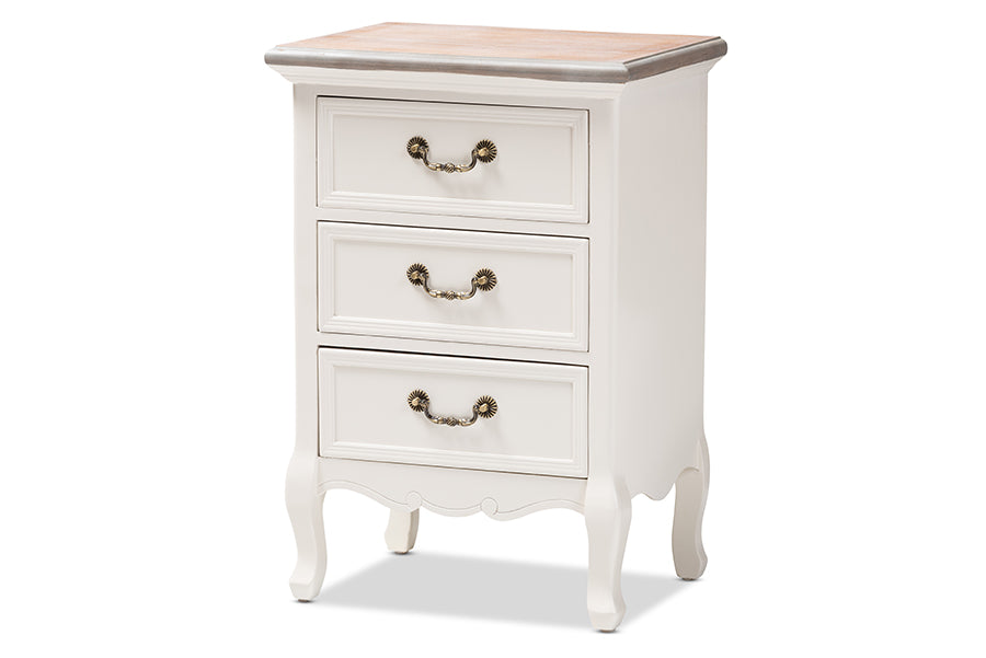 baxton studio capucine antique french country cottage two tone natural whitewashed oak and white finished wood 3 drawer nightstand | Modish Furniture Store-2