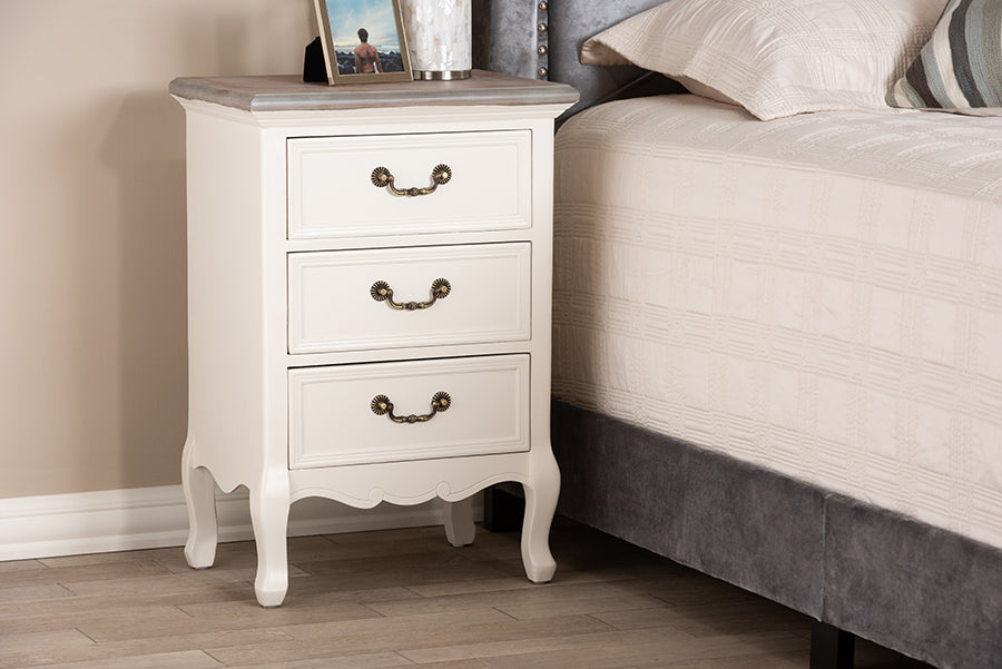 Baxton Studio Capucine Antique French Country Cottage Two Tone Natural Whitewashed Oak and White Finished Wood 3-Drawer Nightstand | Modishstore | Nightstands