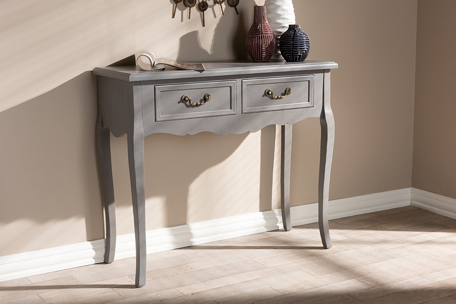 Baxton Studio Capucine Antique French Country Cottage Grey Finished Wood 2-Drawer Console Table | Modishstore | Console Tables
