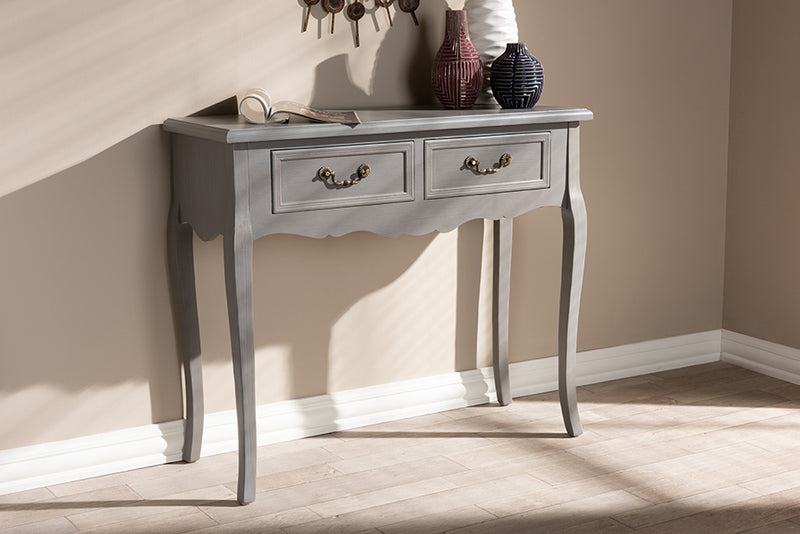 Baxton Studio Capucine Antique French Country Cottage Grey Finished Wood 2-Drawer Console Table | Modishstore | Console Tables