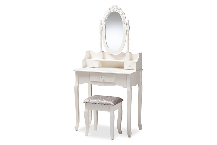 baxton studio veronique traditional french provincial white finished wood 2 piece vanity table with mirror and ottoman | Modish Furniture Store-2