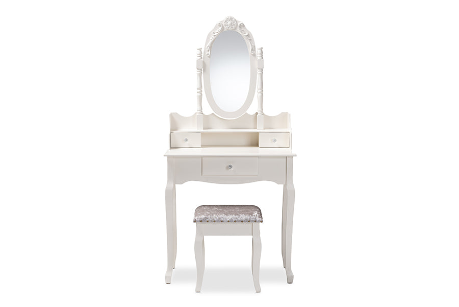 baxton studio veronique traditional french provincial white finished wood 2 piece vanity table with mirror and ottoman | Modish Furniture Store-3
