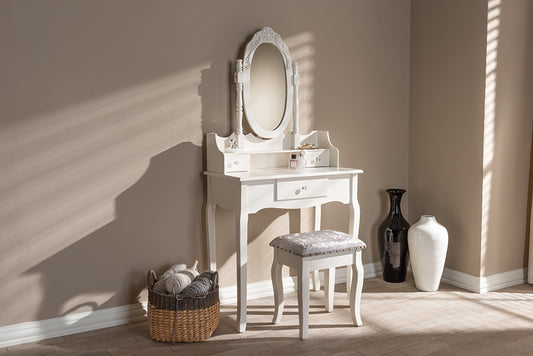 Baxton Studio Veronique Traditional French Provincial White Finished Wood 2-Piece Vanity Table with Mirror and Ottoman | Modishstore | Side Tables