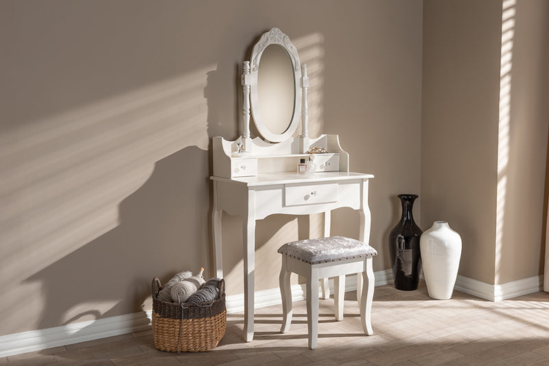 Baxton Studio Veronique Traditional French Provincial White Finished Wood 2-Piece Vanity Table with Mirror and Ottoman | Modishstore | Side Tables