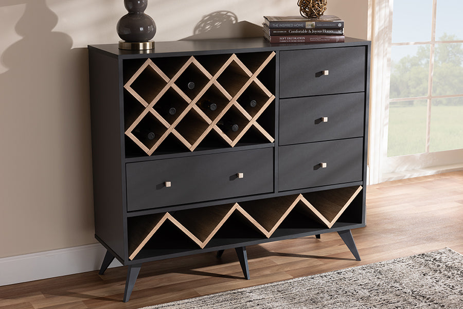 Baxton Studio Savino Mid-Century Modern Dark Grey and Oak Finished Wood Wine Cabinet | Modishstore | Cabinets