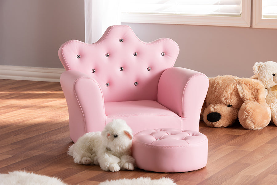 Baxton Studio Ava Modern and Contemporary Pink Faux Leather 2-Piece Kids Armchair and Footrest Set | Modishstore | Armchairs