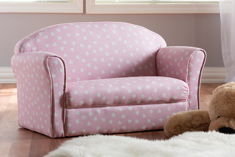 Baxton Studio Erica Modern and Contemporary Pink and White Heart Patterned Fabric Upholstered Kids 2-Seater Sofa | Modishstore | Sofas