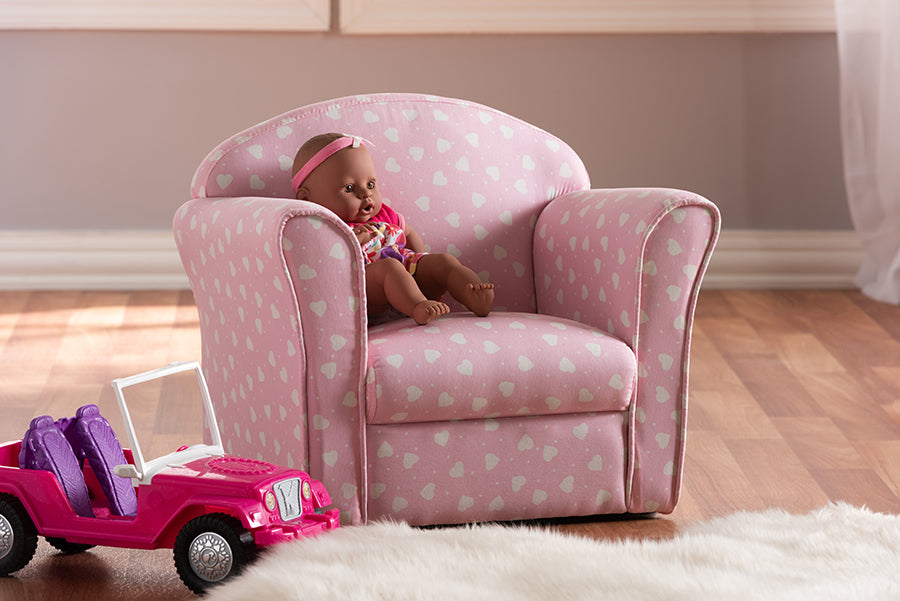 Baxton Studio Erica Modern and Contemporary Pink and White Heart Patterned Fabric Upholstered Kids Armchair | Modishstore | Armchairs