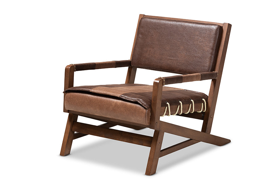 baxton studio rovelyn rustic brown faux leather upholstered walnut finished wood lounge chair | Modish Furniture Store-2
