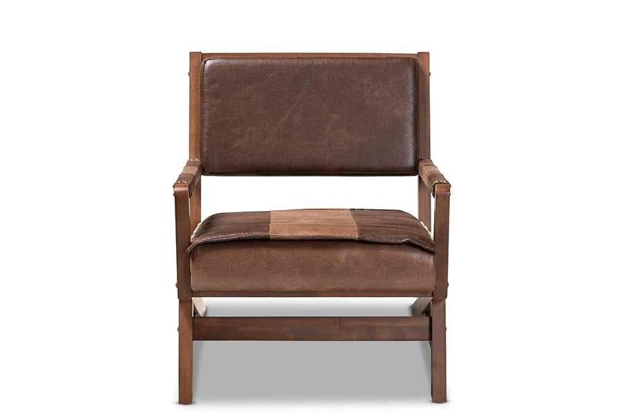 baxton studio rovelyn rustic brown faux leather upholstered walnut finished wood lounge chair | Modish Furniture Store-3