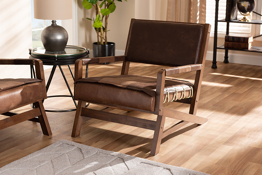 Baxton Studio Rovelyn Rustic Brown Faux Leather Upholstered Walnut Finished Wood Lounge Chair | Modishstore | Lounge Chairs