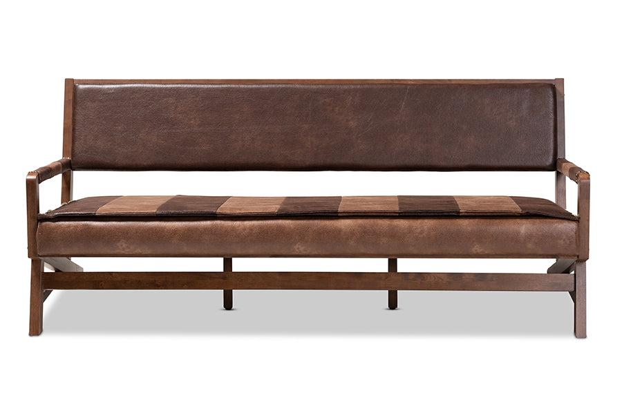 baxton studio rovelyn rustic brown faux leather upholstered walnut finished wood sofa | Modish Furniture Store-3