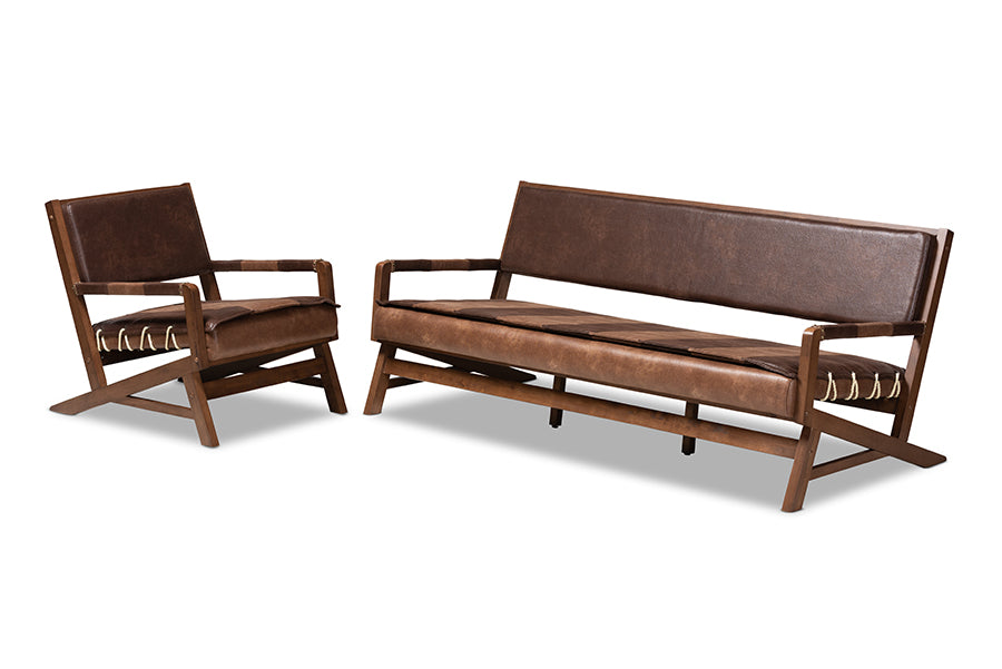 baxton studio rovelyn rustic brown faux leather upholstered walnut finished wood 2 piece living room set | Modish Furniture Store-2