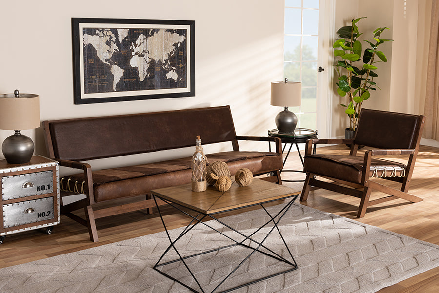Baxton Studio Rovelyn Rustic Brown Faux Leather Upholstered Walnut Finished Wood 2-Piece Living Room Set | Modishstore | Sofas