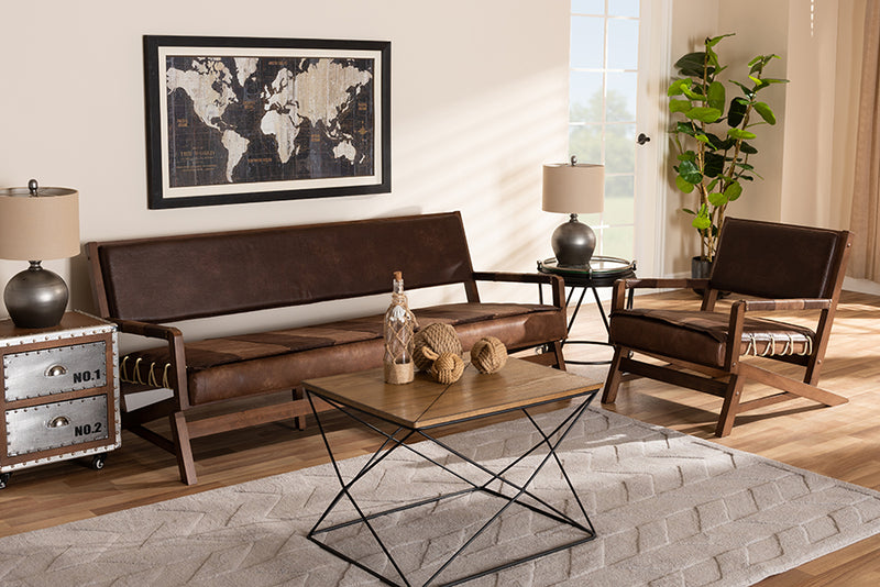 Baxton Studio Rovelyn Rustic Brown Faux Leather Upholstered Walnut Finished Wood 2-Piece Living Room Set | Modishstore | Sofas