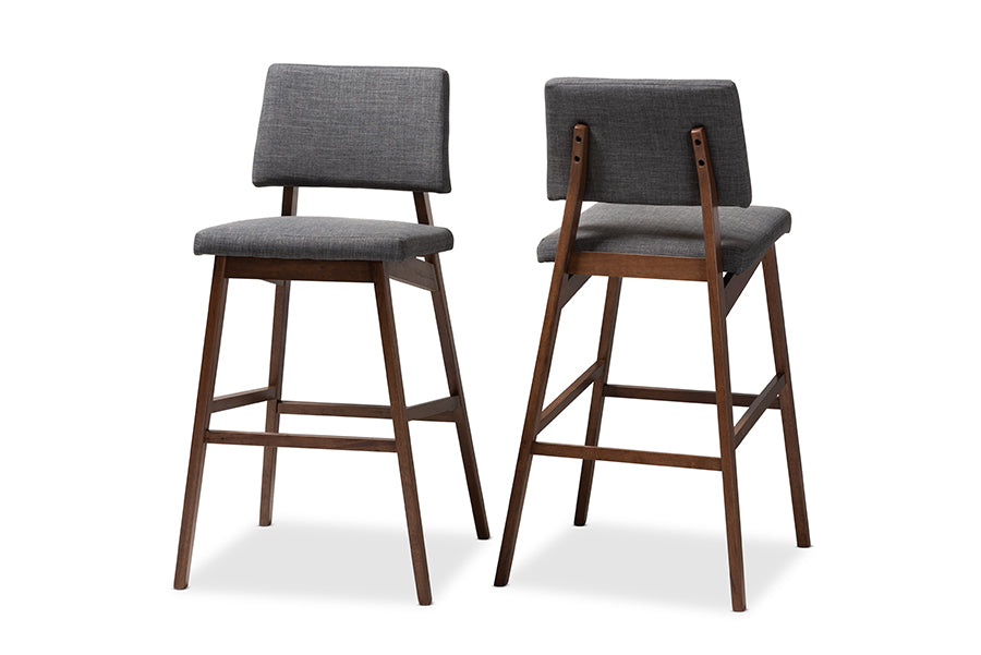 baxton studio colton mid century modern dark gray fabric upholstered and walnut finished wood bar stool set of 2 | Modish Furniture Store-2