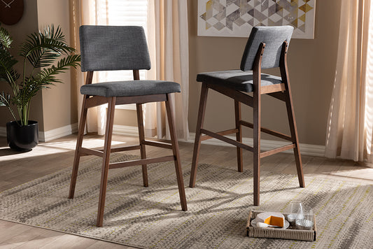 Baxton Studio Colton Mid-Century Modern Dark Gray Fabric Upholstered and Walnut-Finished Wood Bar Stool Set of 2 | Modishstore | Bar Stools