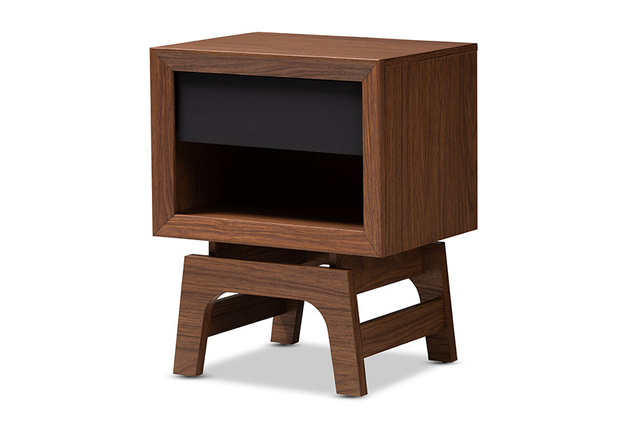 baxton studio svante mid century modern walnut brown and dark gray finished wood 1 drawer nightstand | Modish Furniture Store-2