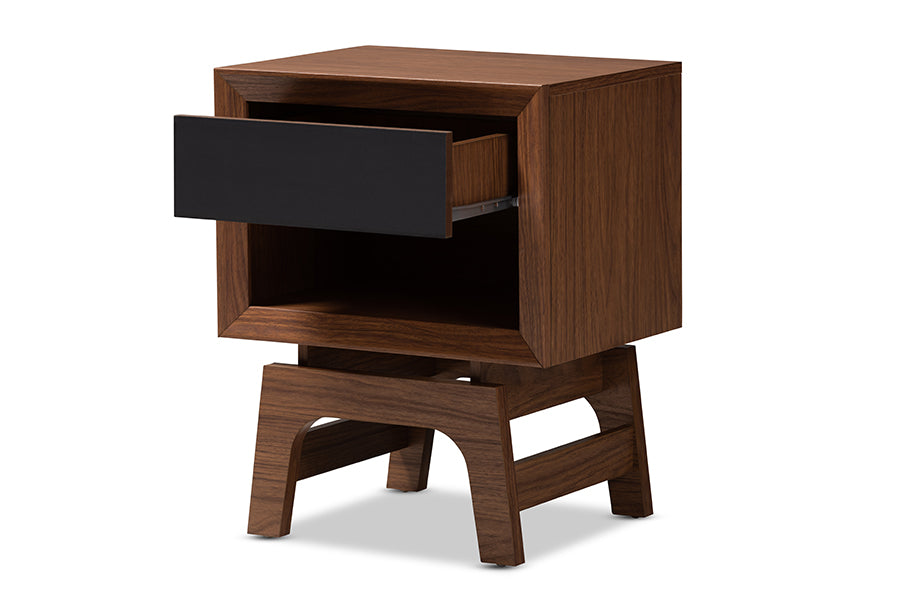 baxton studio svante mid century modern walnut brown and dark gray finished wood 1 drawer nightstand | Modish Furniture Store-3