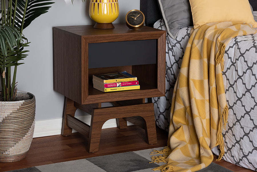 Baxton Studio Svante Mid-Century Modern Walnut Brown and Dark Gray Finished Wood 1-Drawer Nightstand | Modishstore | Nightstands