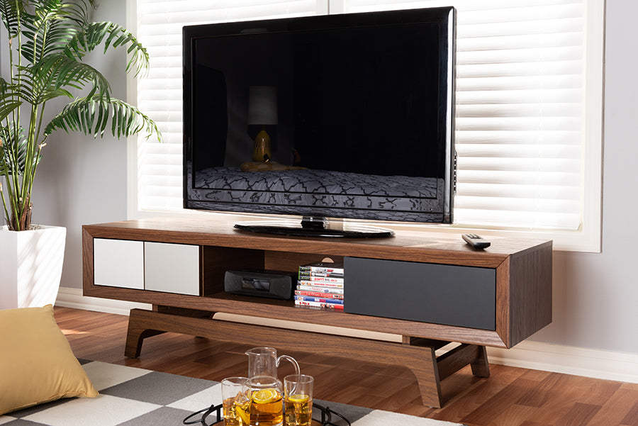 Baxton Studio Svante Mid-Century Modern Multicolor Finished Wood 3-Drawer TV Stand | Modishstore | TV Stands