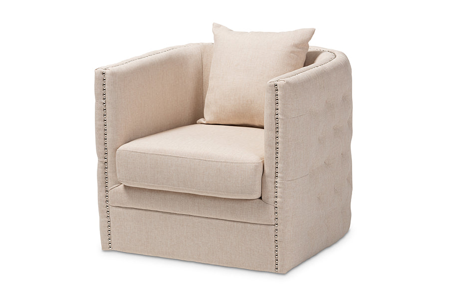 baxton studio micah modern and contemporary beige fabric upholstered tufted swivel chair | Modish Furniture Store-2