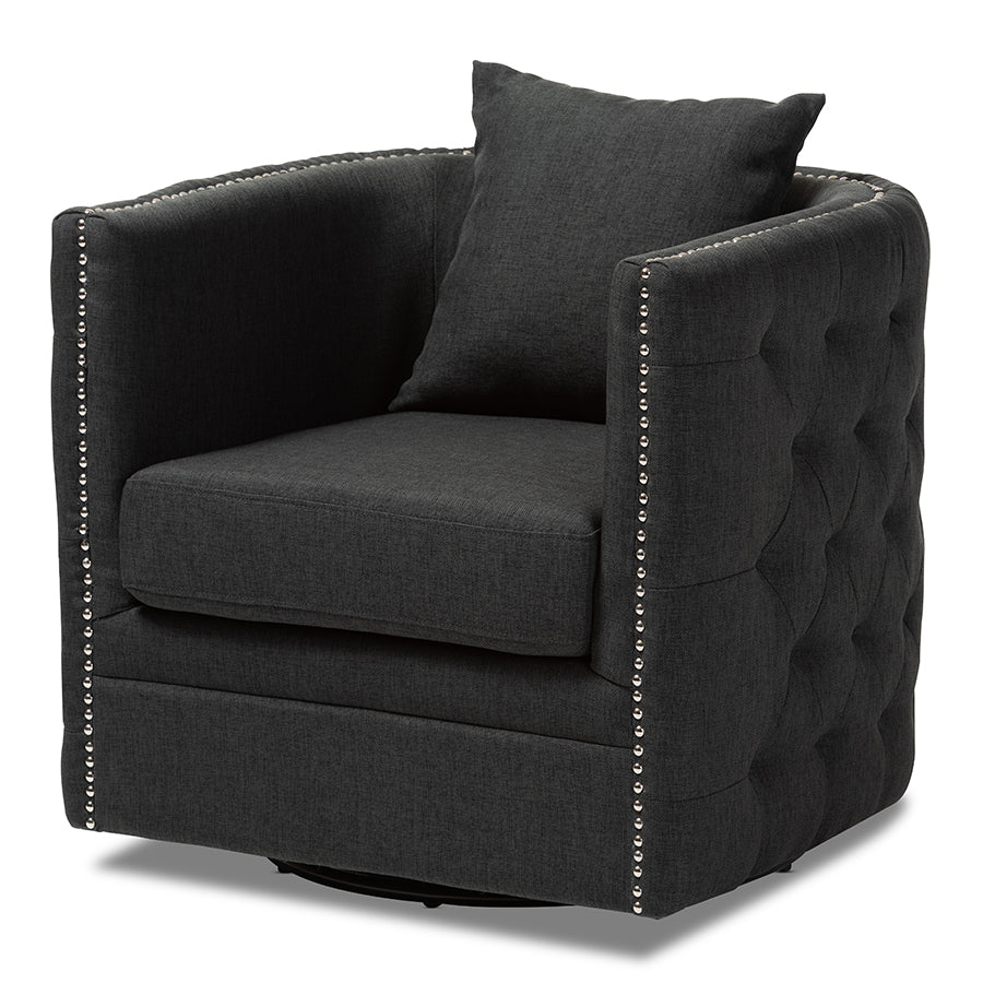 baxton studio micah modern and contemporary grey fabric upholstered tufted swivel chair | Modish Furniture Store-2