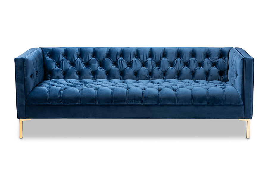 baxton studio zanetta glam and luxe navy velvet upholstered gold finished sofa | Modish Furniture Store-3