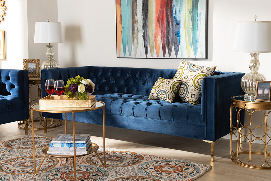 Baxton Studio Zanetta Glam and Luxe Navy Velvet Upholstered Gold Finished Sofa | Modishstore | Sofas