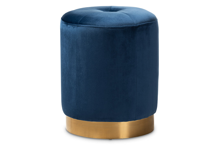 baxton studio alonza glam navy blue velvet fabric upholstered gold finished ottoman | Modish Furniture Store-2