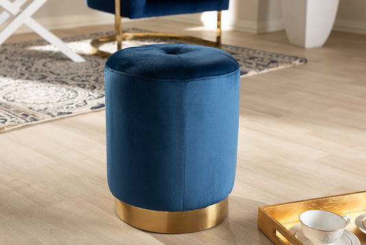 Baxton Studio Alonza Glam Navy Blue Velvet Fabric Upholstered Gold-Finished Ottoman | Modishstore | Ottomans